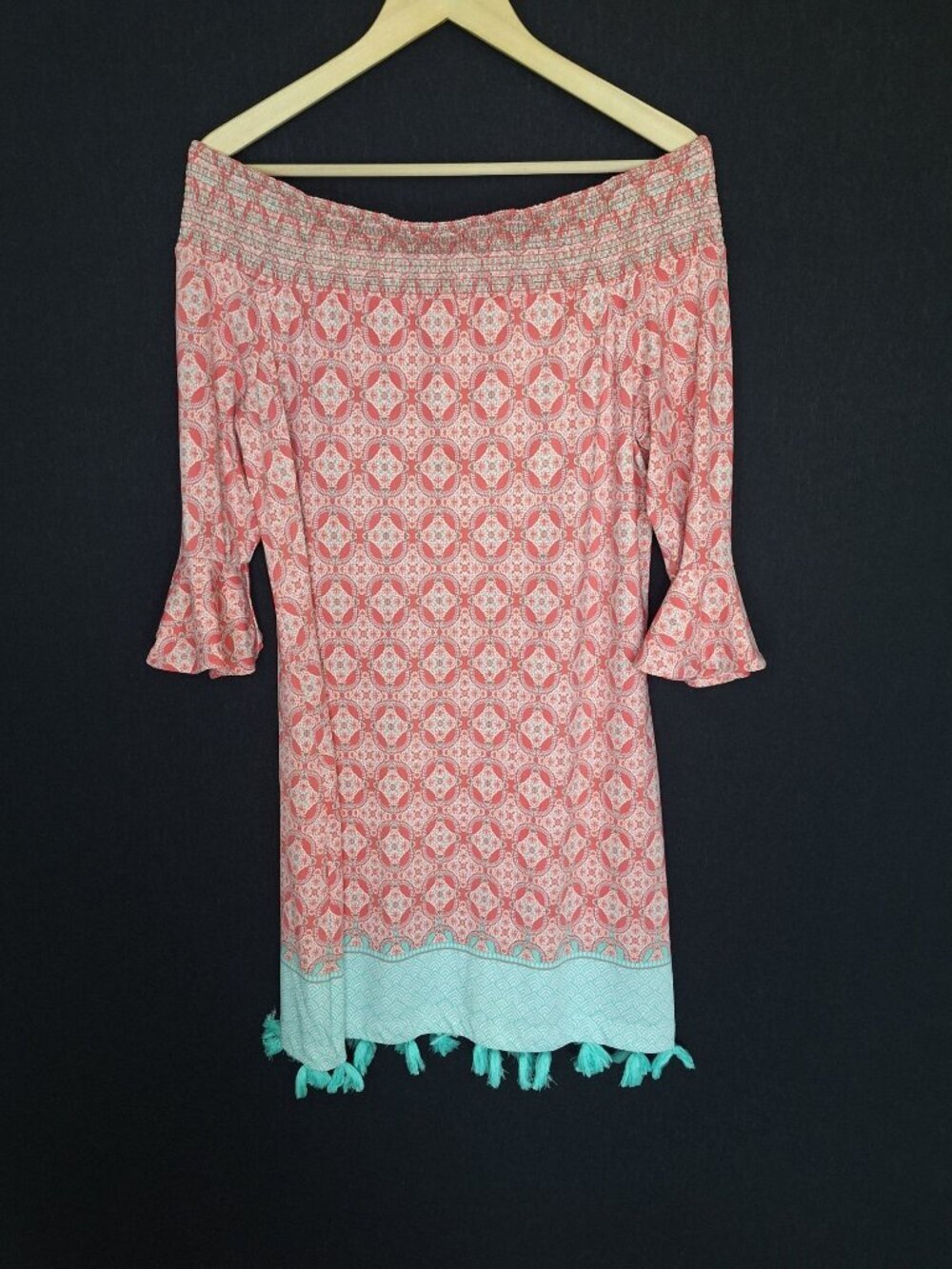 💙 Cabana Life Cover Up Dress Size M/L Coral Aqua Tassel Off Shoulder Beach Vaca